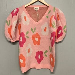 NWT BiBi Pink Floral V Neck Short Sleeve Sweater Size XL New with Tags
